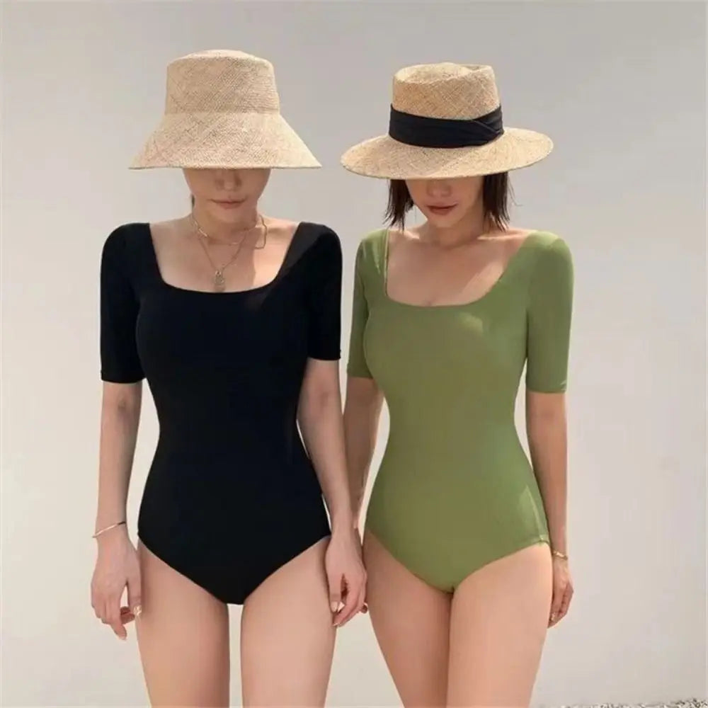 Ladies Bathing Suit Solid Color Hollow Out Swimsuit Slim Design High Waist Backless Swimsuit Mesh Cut Short Sleeve Swimwear Bath