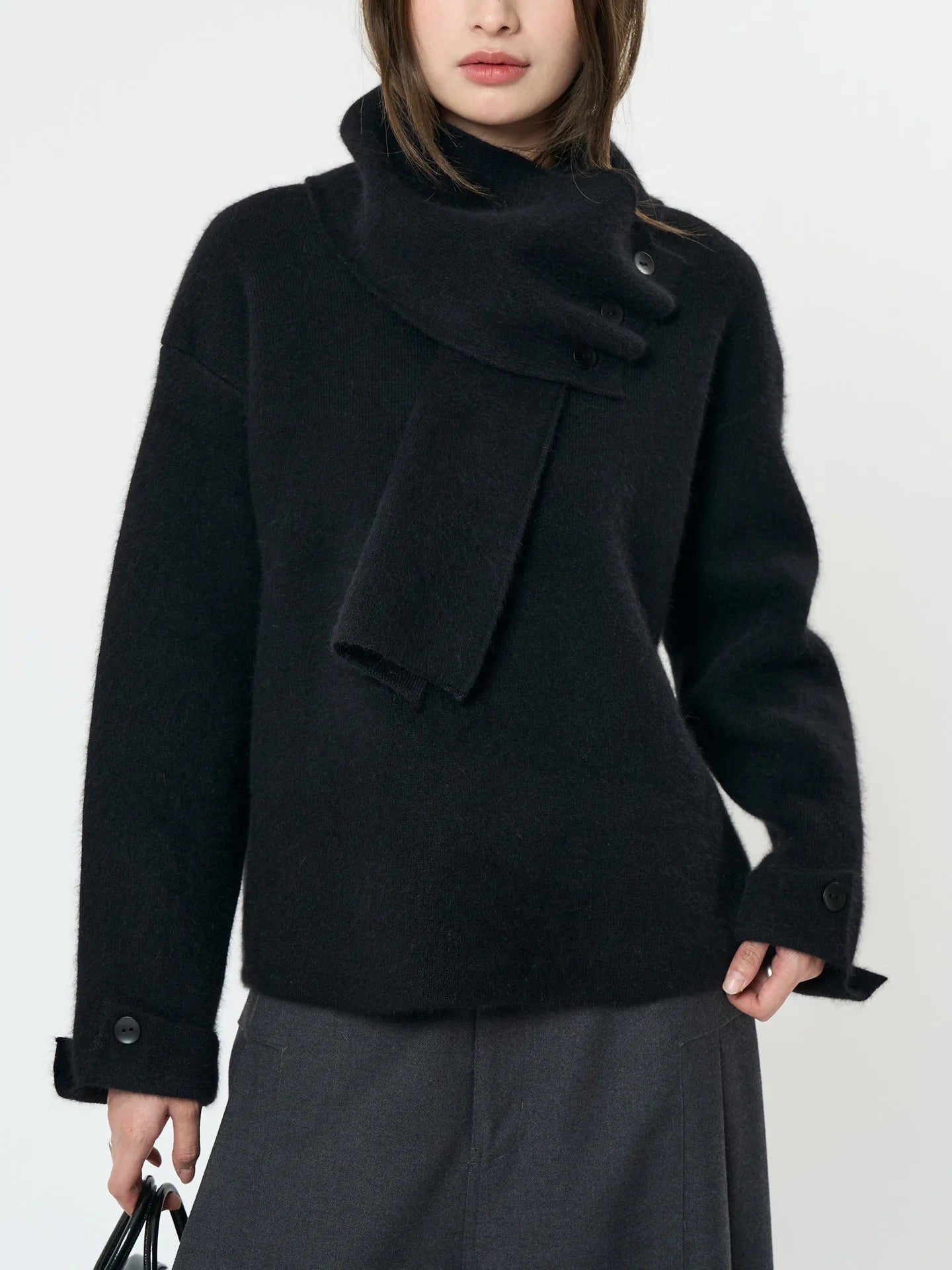 Winter wool sweater women's casual solid color round neck long sleeved scarf decoration loose sweater