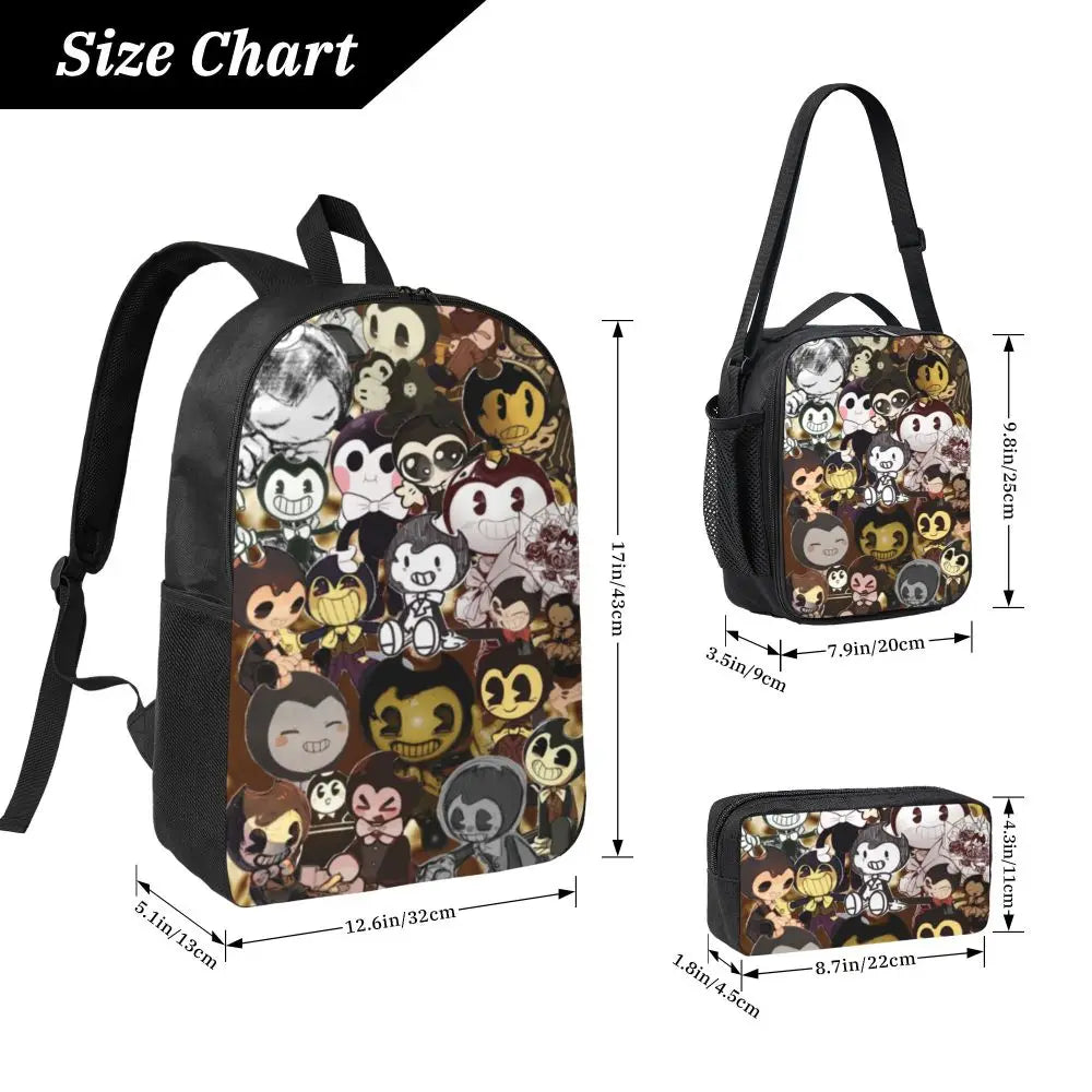 3Pcs Bendys And The Dark School bags Set for Boy Girl Pen Bags Backpack Sets with Lunch Box For School Students Knapsack