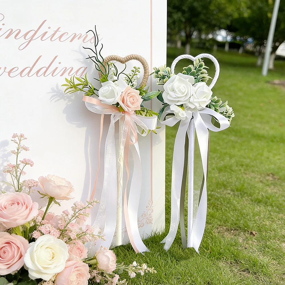 Wedding Flower Girl Wand, Floral Girl Wand Fairy Wand with Ribbon Flower for Wedding, Bridal Shower and Engagement Photo Shoot ﻿