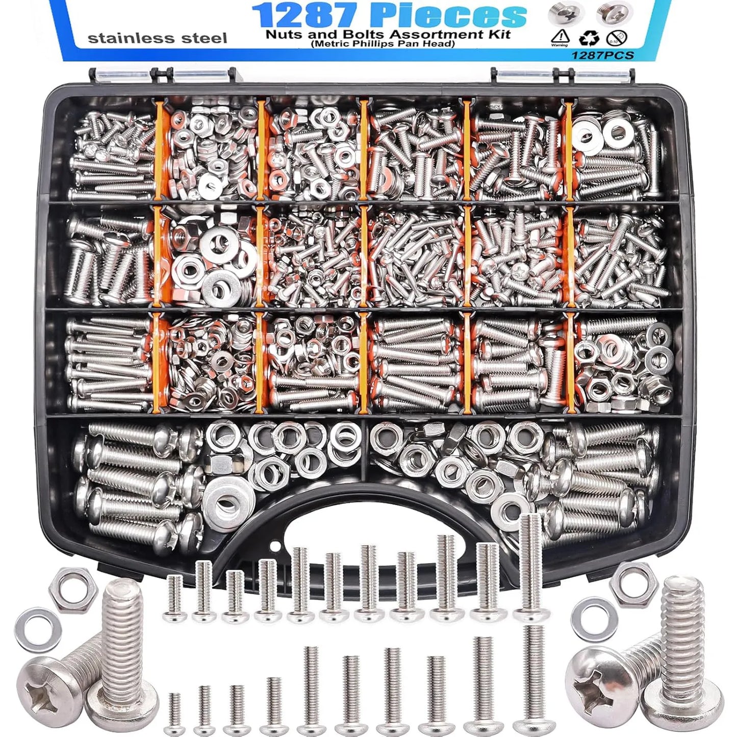 1287Pcs Nuts and Bolts Assortment Kit, Stainless Steel Bolts Machine Screws Hardware Assortment Kit, Metric Phillips Pan Head Sc