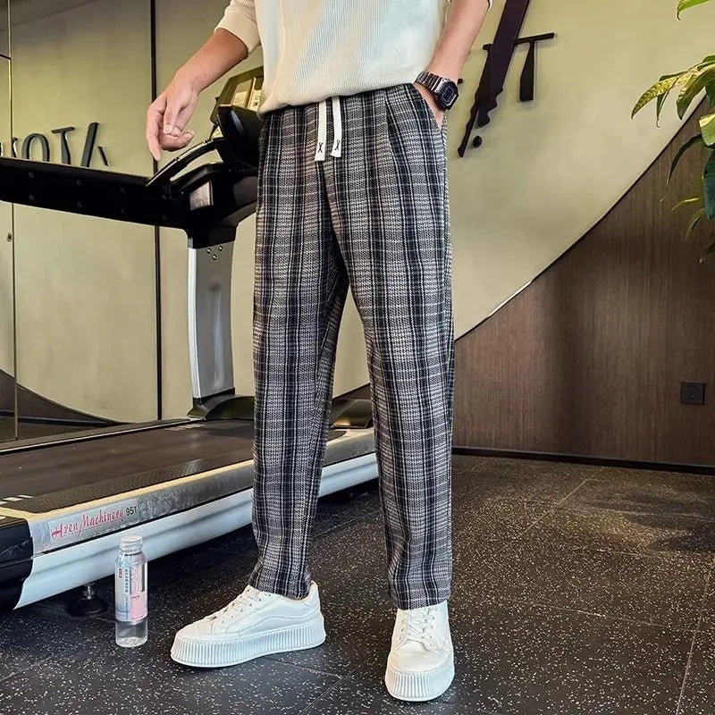 Men's Premium Stylish Color-Block Checked Straight-Leg Pants Plaid Casual Fashion Trousers Autumn Winter Pockets Male Clothes