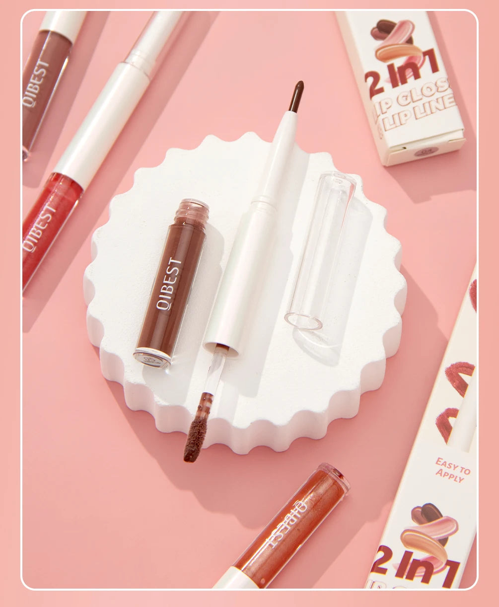 QIBEST Double Head Mirror Lip Glaze Lipliner Pen Water Light Lipgloss Makeup 2 in 1 Stick Matte Velvet Lip Liner Contour Pencil