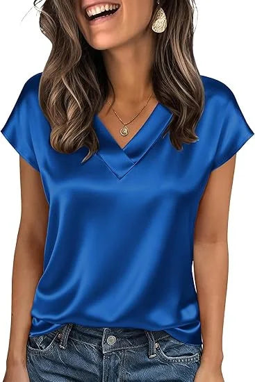 Women's Summer New T-shirt Casual V-Neck Short Sleeve Blouse Business Casual Tops Satins Silk Summer Shirt Work Solid Color Tops