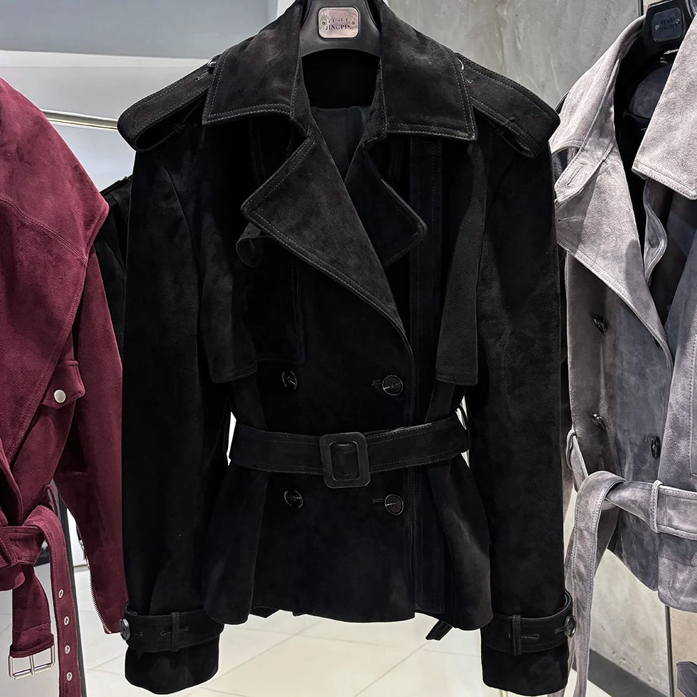 YOLOAgain Black Real Leather Jacket Women Genuine Leather Coat With Belt