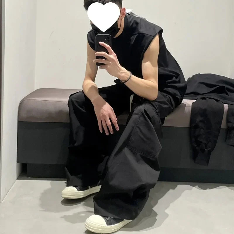 Baggy Pants Cargo Pants For Men Trendy Black Bell-bottom Pants Multiple Pockets Casual Streetwear Sweat Pants Mens
