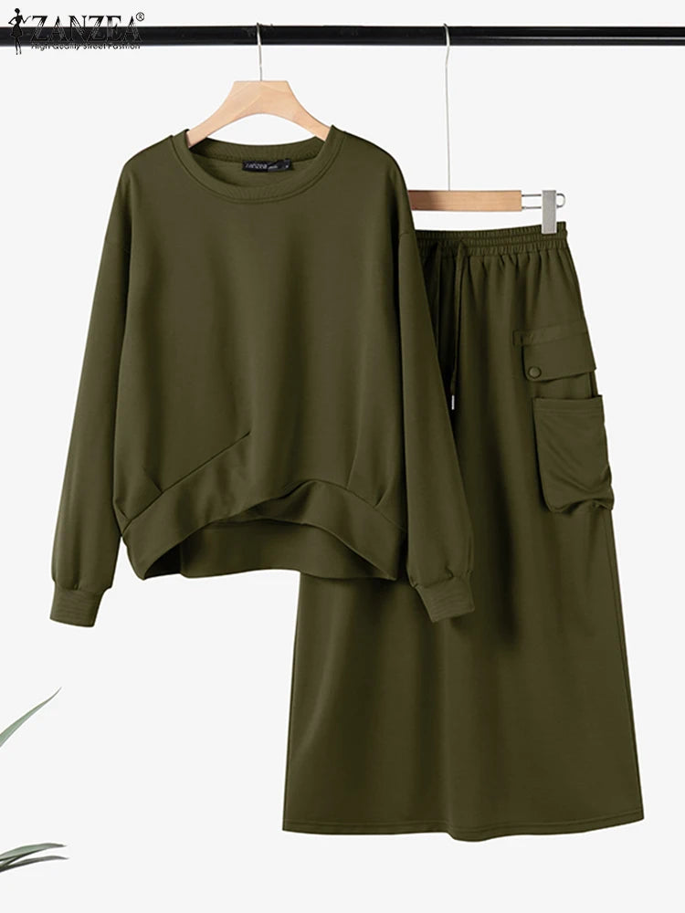 Autumn 2pcs Outfits Winter Stylish Women Sweatshirts Dress Sets 2025 ZANZEA Solid Matching Sets Long Sleeve Hoodies Sundress