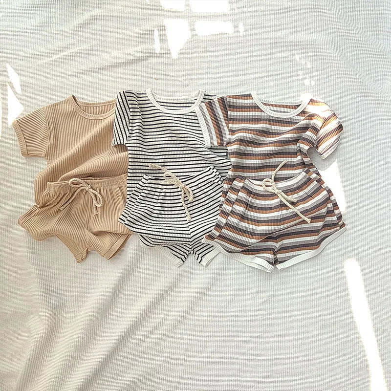 Comfortable Baby Clothes Set  Boys Simplicity Stripe Round Neck T-shirt +  Striped Shorts  breathable casual girl short sleeved