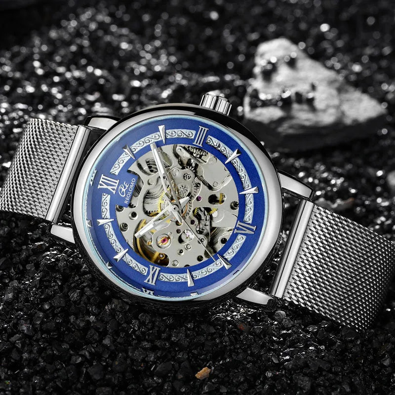 Men's automatic mechanical watch, European and American fashion hollow mechanical watch, woven mesh belt men's watch