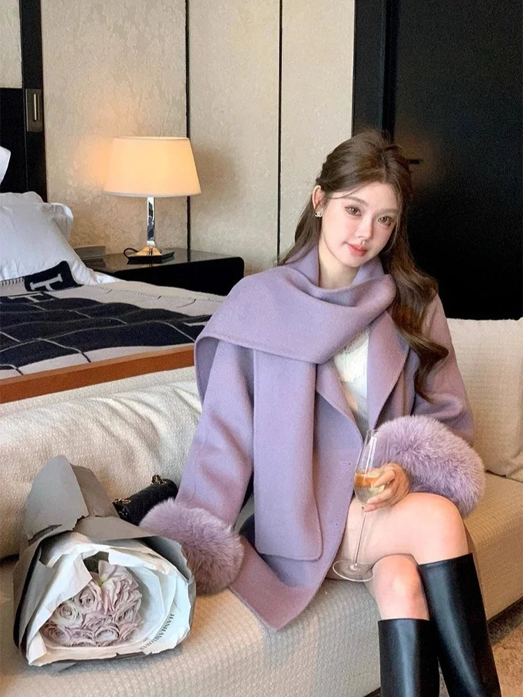 Elegant Wool Coat Warm Women Double Faced Luxury Real Fox Fur Sleeves 100 Wool Scarf Autumn Winter 2025 New Fashion Trench Coat