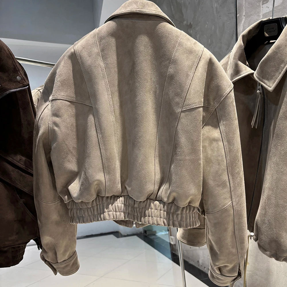 YOLOAgain 2025 Autumn Oversized Suede Jacket Women Real Leather Bomber Jacket Female