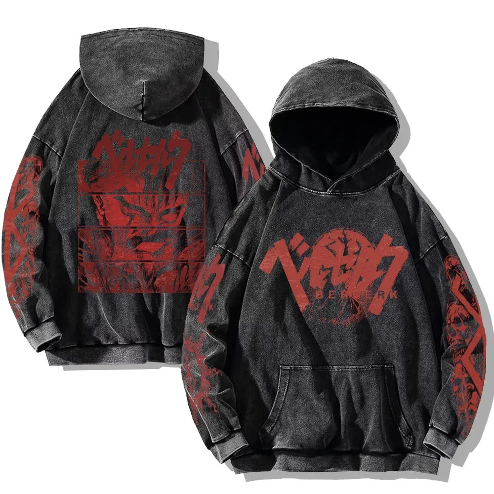 Vintage Anime Washed Hoodies Cotton Men Women Retro Long Sleeve Pullover Casual Oversized Hooded Sweatshirts Hip Hop Streetwear