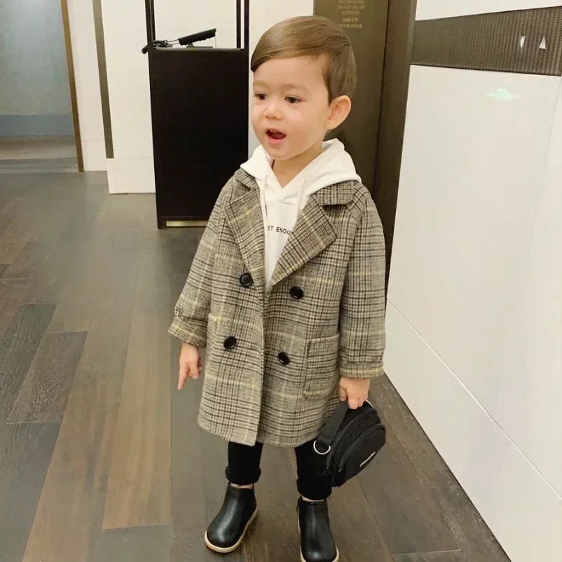 New Winter Grid Jackets Boys Girl Woolen Double-breasted Baby Boy Trench Coat Lapel Autumn Kids Outerwear Coats  Wool Overcoat
