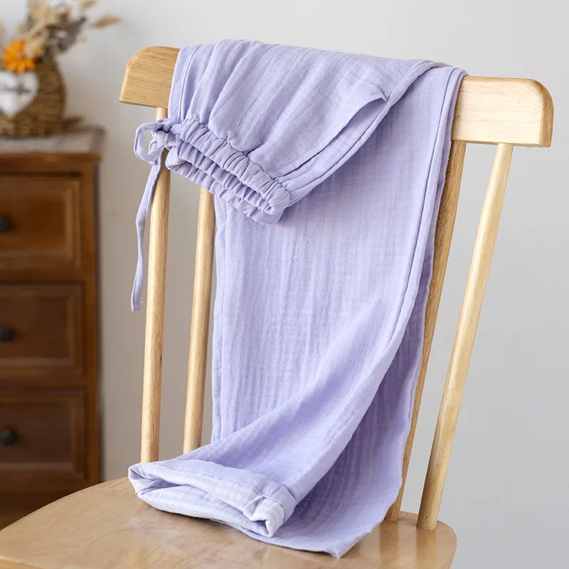 Men's and Women's Pajama Pants Yarn-dyed Pure Cotton Home Pants Casual Loose Thin Solid Color Lounge Wear Elastic Waist Bottoms