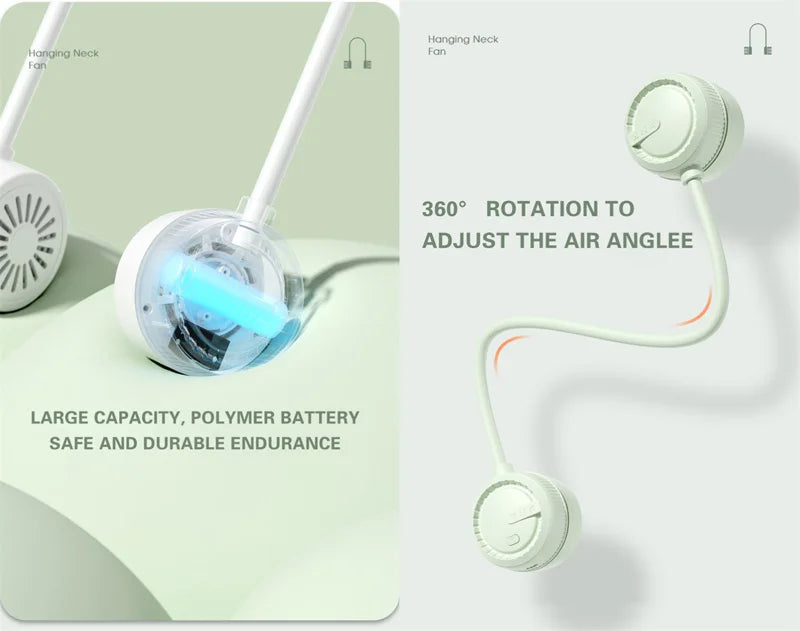 Neck-mounted fan - Foldable, silent, portable mini fan with 360-degree rotating airflow - Rechargeable hanging fan