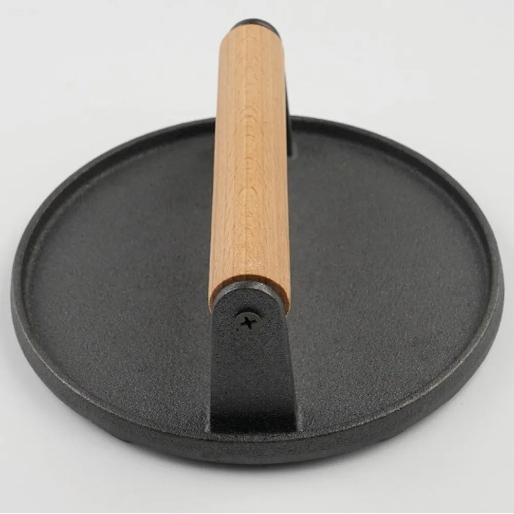 Cast Iron Meat Press Board Heavy-Duty Flat Top Steak Burger Press Wooden Handle Round Rectangular Grill Hamburger Grinder