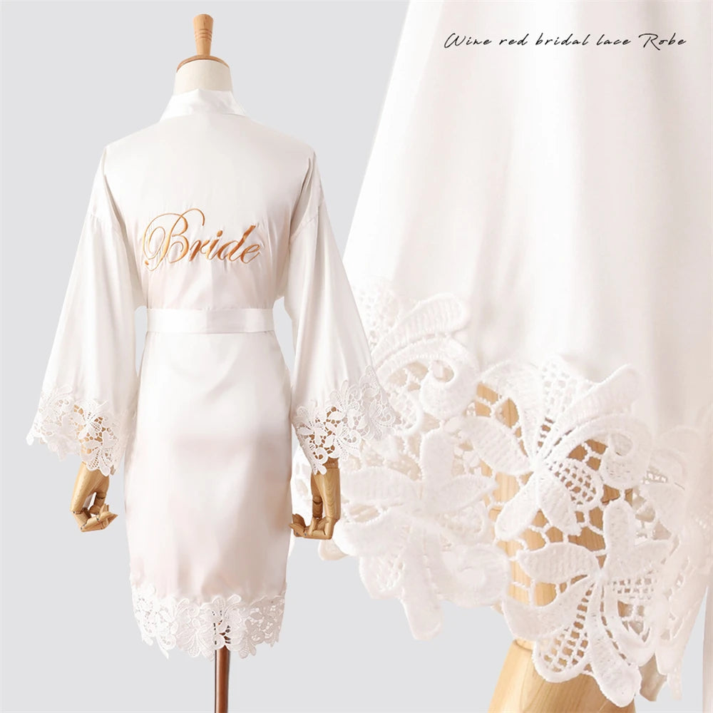 Wedding Embroidery Bride Bridesmaid Kimono Dresses Lace Gown Sexy Women Robes Home Gown Bathrobe Short Night Shirts Sleepwear1PC