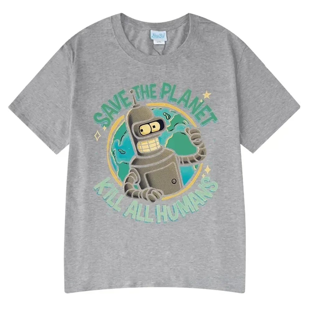 Summer Fashion Hot Save The Planet Kill All Humans Funny Tops Robot Print Oversized T-Shirts Men Women Short Sleeve Cotton Tops