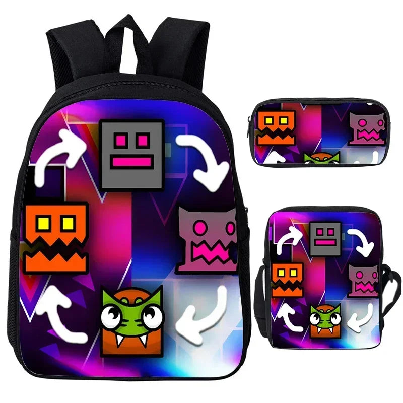 Large Capacity Bookbag 3pcs Set Boys Girls School Bags Angry Geometry Dash Cartoon Print Children Backpack Back To School Gifts