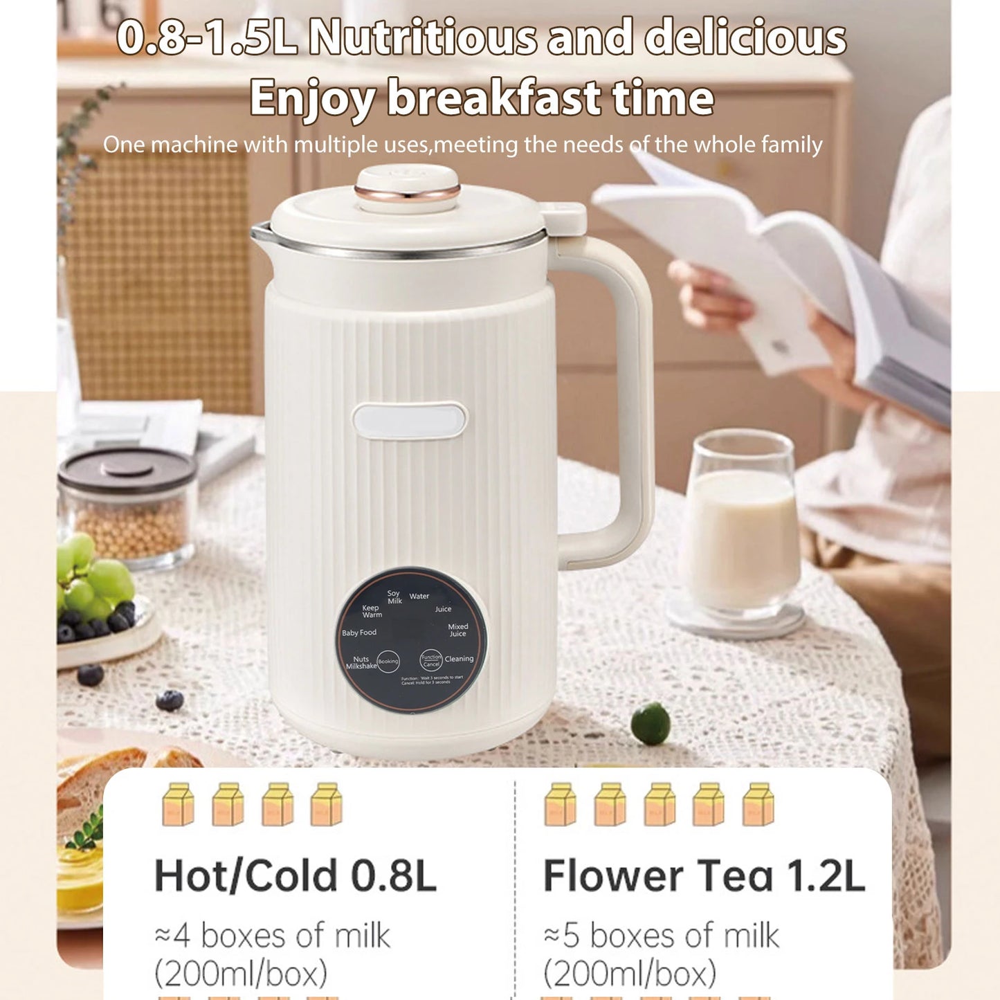 Soy Milk Maker 8-in-1 Programmable Blender with Digital Display 12 Stainless Steel Blades Auto Cleaning 8H Keep Warm Function fo