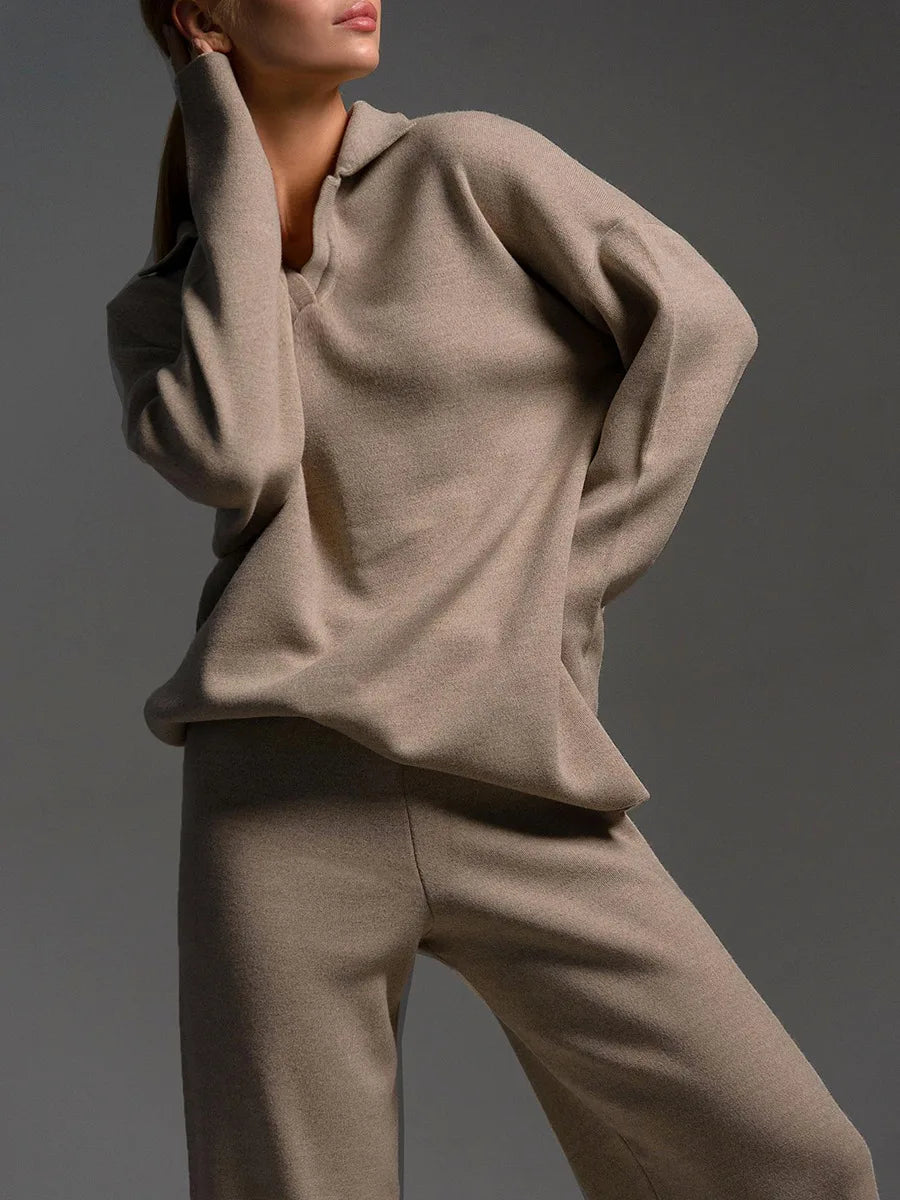 Sumuyoo Winter Thick Women Knitted Suits Cashmere Soft 2 Pieces Sets Female Polo Neck Sweater & Wide Leg Pants Knitted Outfit
