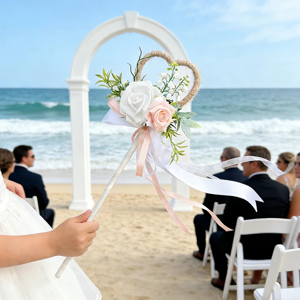 Wedding Flower Girl Wand, Floral Girl Wand Fairy Wand with Ribbon Flower for Wedding, Bridal Shower and Engagement Photo Shoot ﻿