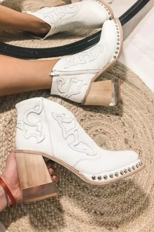 Female Ankle Boots  Leather Women's Shoes Low Heel Cool British Embroidered Design Soft Short Boots Party Ladies Footwear PU 024