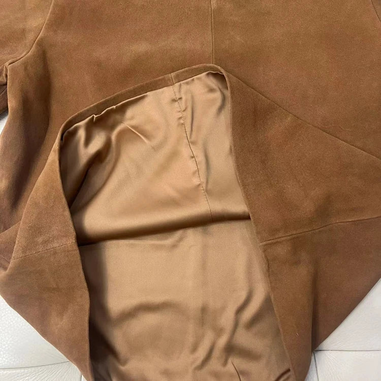 Genuine Leather Tops for Women 2025 Spring/Summer Short Straight Sleeve Round Neck Pullover Shirts & Blouses Thin Suede Blusas