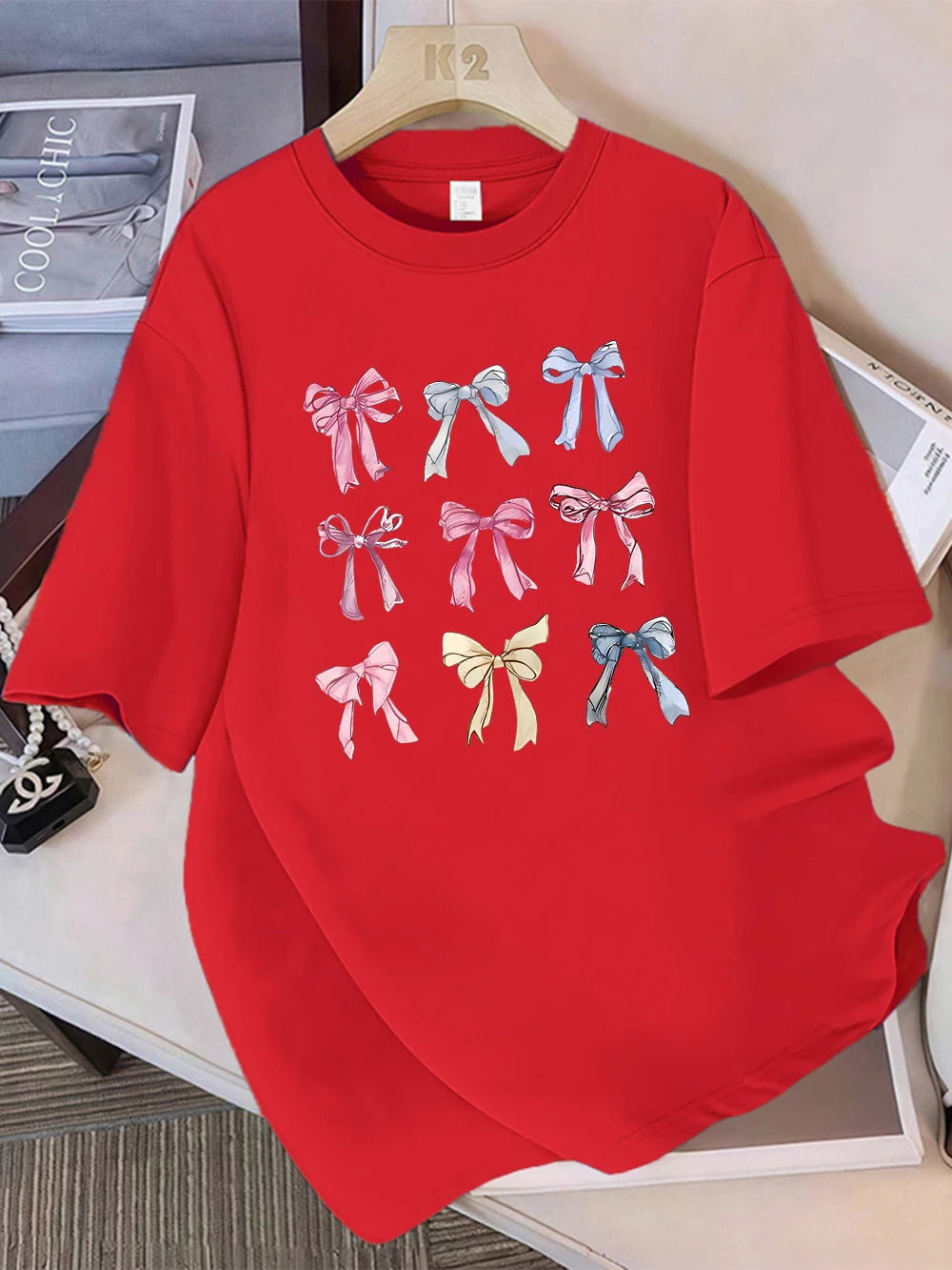 Summer T-Shirts Cotton Womens Colorful Bow Tie Printing Short Sleeve Comfortable Soft O-Neck Tops Holiday Casual Womans Clothes