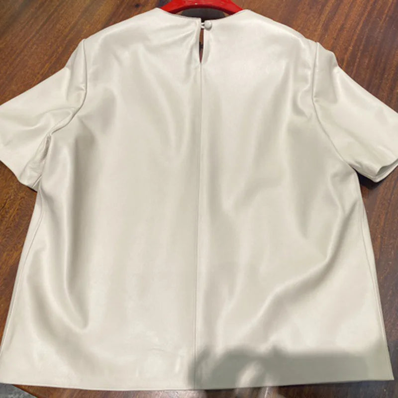 Genuine Leather Tops for Women 2025 Spring/Summer Short Straight Sleeve Round Neck Pullover Shirts & Blouses Thin Suede Blusas