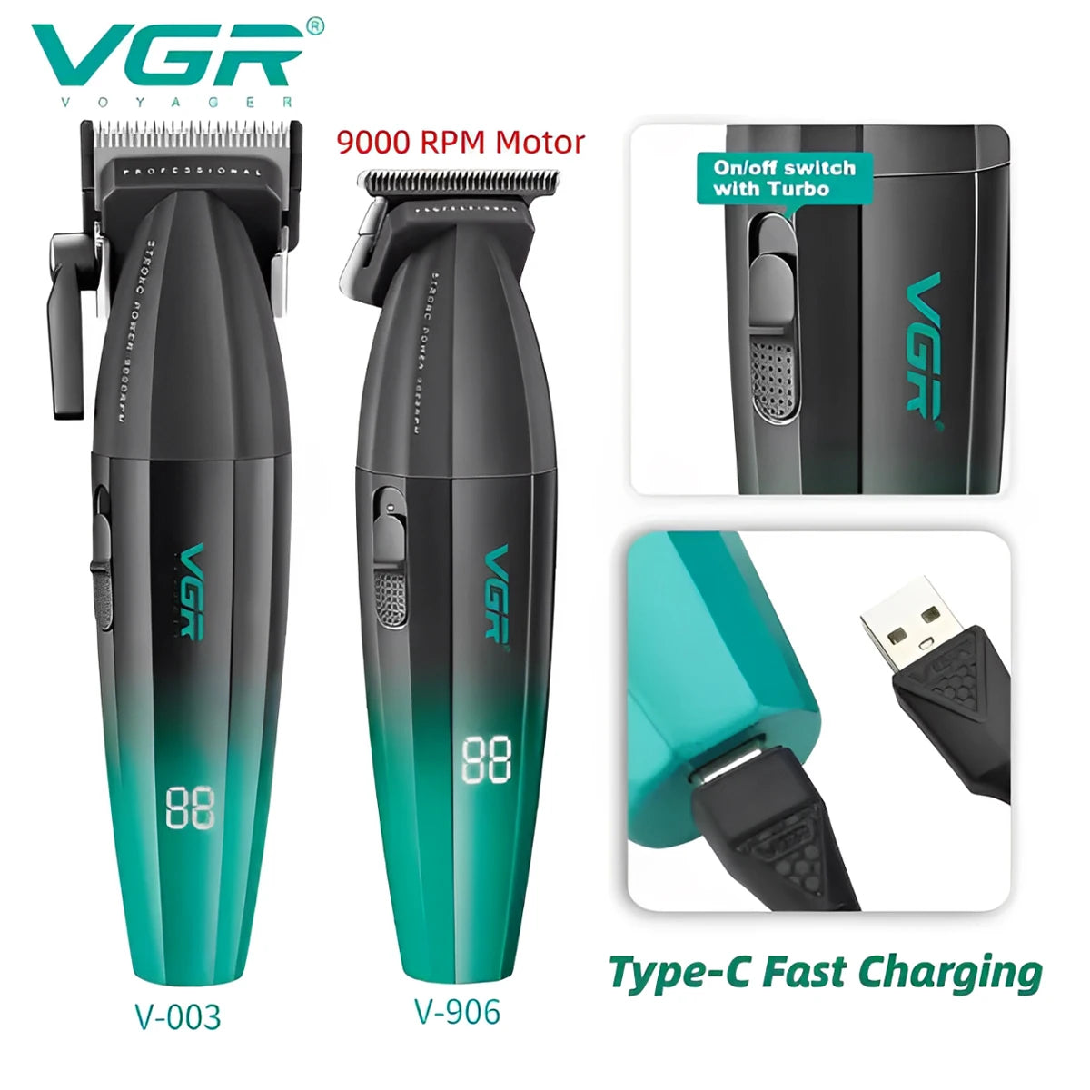 VGR V-906 Hair Salon Home Hair Trimmer Gradient Metal Body Hair Clipper Hair Carving LED Intelligent Digital Display Electric Pu
