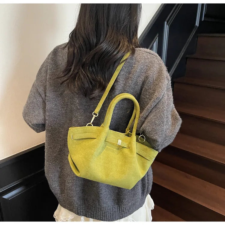 Matte Leather Suede Tote Handbags for Women Large Capacity Retro Shoulder Bag Fall Winter Belt Design Female Crossbody Bags