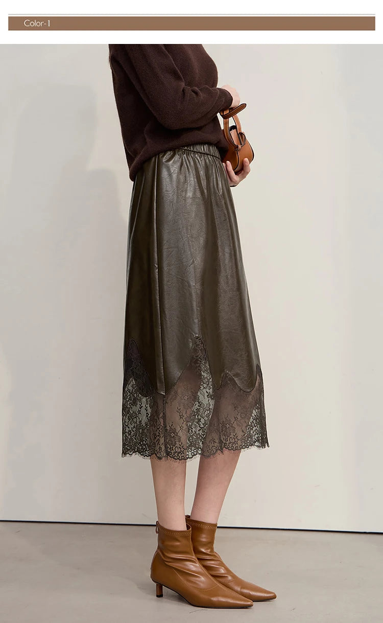 AMII Women's Skirt 2025 Autumn New Minimalist Versatile Clothing Ladies Leather Splicing Lace Solid A-line Midi Skirt 12543095