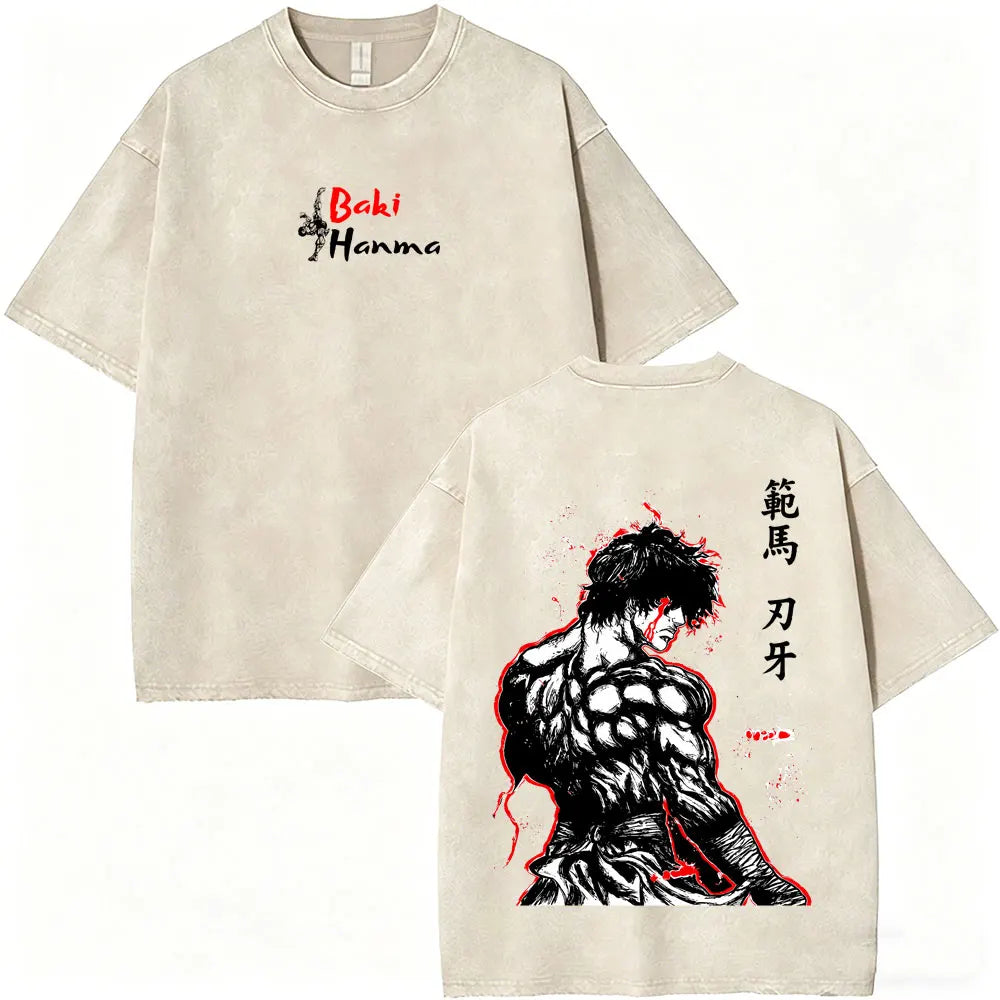 Washed Vintage Anime Baki Hanma Wake Up T-shirt Men Women Retro Manga Oversized T-shirts Men's Casual Cotton T Shirts Streetwear