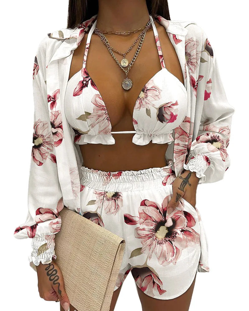 2024 New Bathing Suit Shorts Cover Up Summer Three Pieces Swimwear Sexy Beachwear High Waist Bikini Set Print Women's Swimsuit