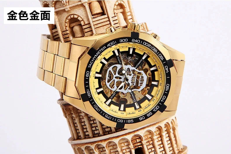 Automatic mechanical watch, fashionable hollow gold automatic mechanical watch, hot-selling business skull watch