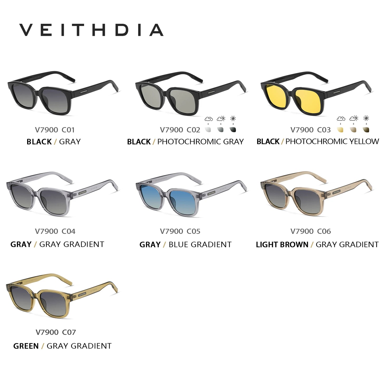 VEITHDIA Polarized Fashion Classic Sunglasses Photochromic Gradient UV400 Protection Outdoor Sun Glasses for Men And Women 7900