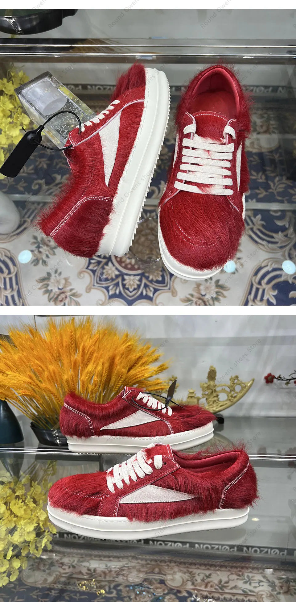 24ss New Horse Hair Low Top Quality Casual Shoes Dark Red Men Genuine Leather Thick Sole Lace Up Luxury Sports Ro Women Sneakers