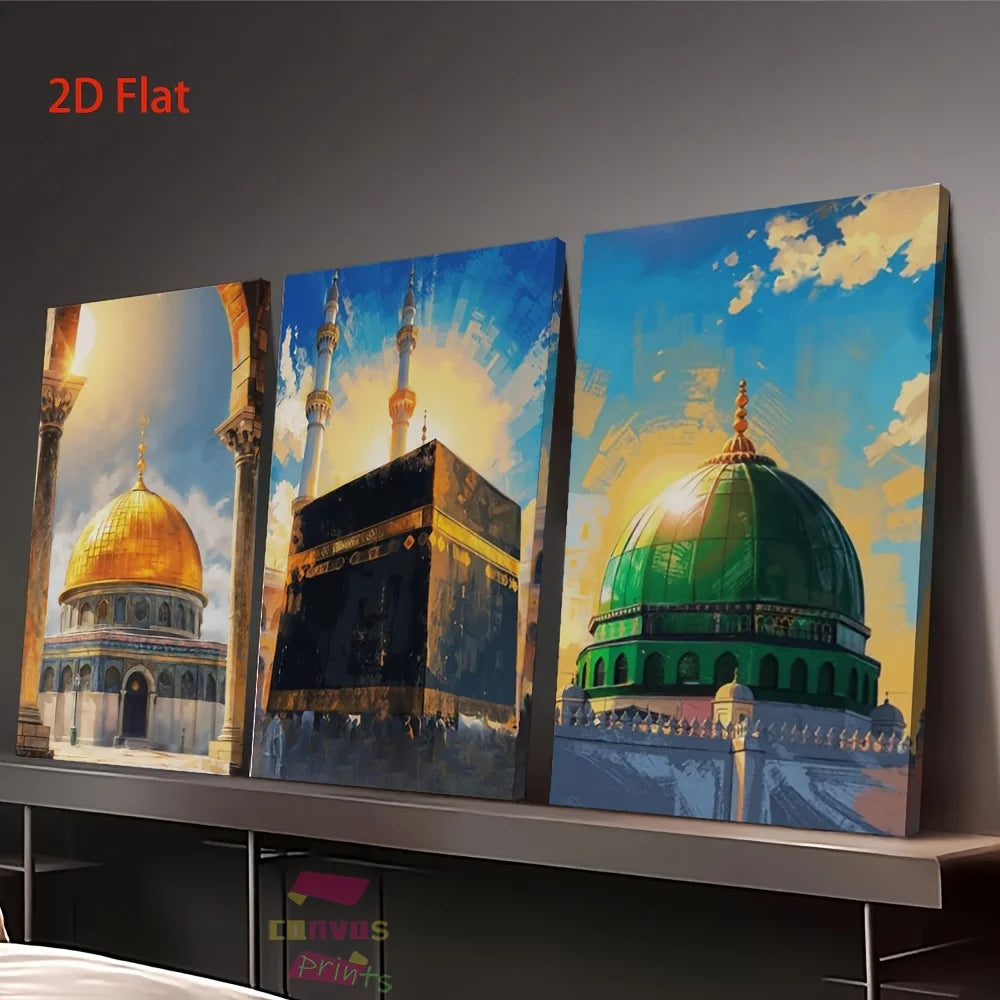 3pcs Muslim Religious Style Islamic Holy Sites Poster Print Al-Qaba Mosque with Gold-Plated Dome Decorative Canvas Art Eid Gift