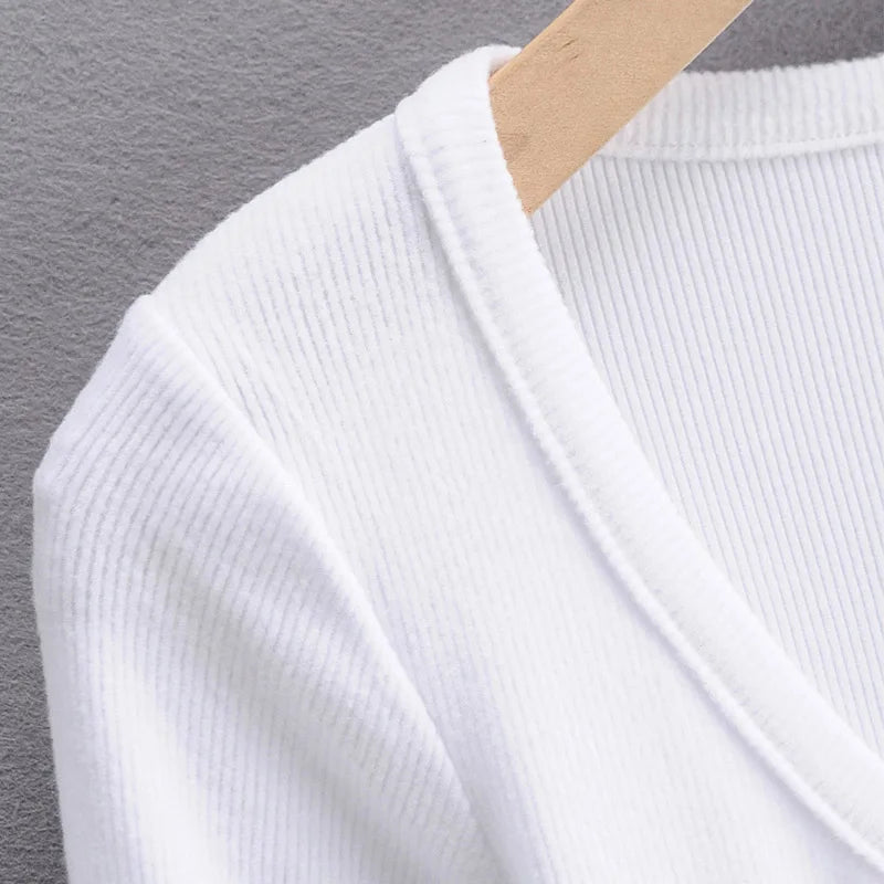 Summer Sexy Women Crop Tops Long Sleeve Tee Shirt Clubwear Buttons Solid T Shirt Women Black White Slim Tops