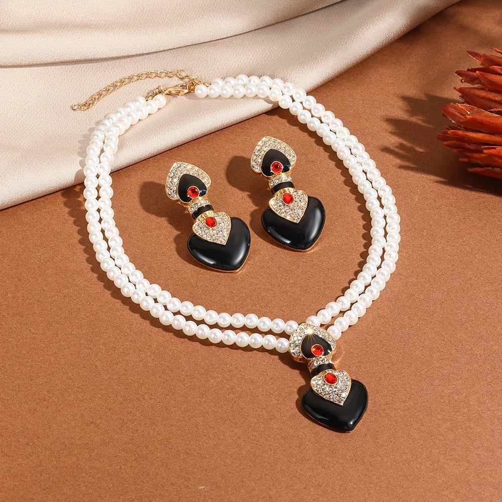 Bride Wedding Jewelry Set Elegant Enamel Rhinestone Love Imitation Pearl Beaded Necklace and Earrings Women's Party Accessories