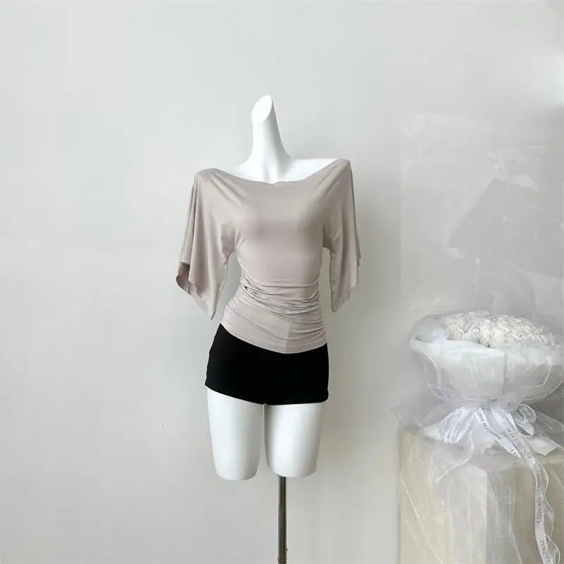 Women's Summer High Stretch Slash Neck Flare Sleeve Slim T Shirt Lady Sexy Pleated Slim Solid Color Pullover Tee Top