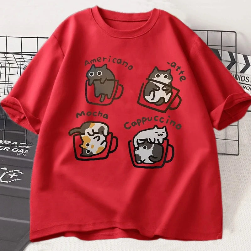 Men's Pure Cotton T-shirt From 2025, Coffee Cat, Is Comfortable, Breathable and Of High Quality. It's for Beach Travel, Parties
