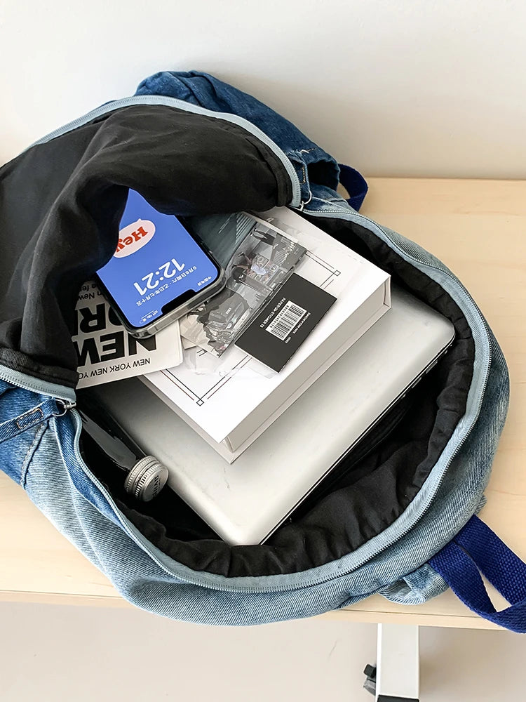 Men's and Women's Backpacks, Student School Bags, Large-Capacity Washed Denim Bags