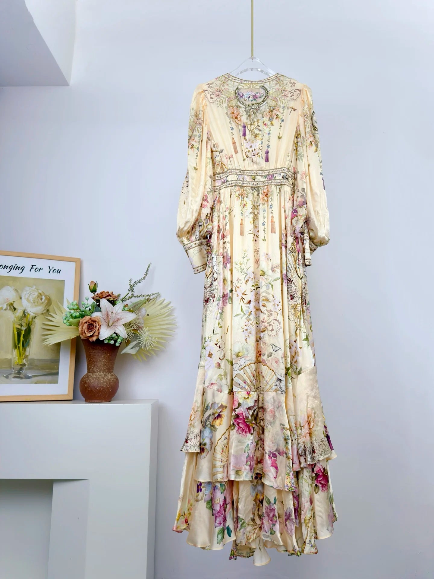 Women Silk Flower Printed Long Dress Heavy Beaded V-Neck Lantern Sleeve Loose Female dress
