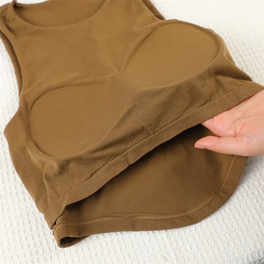 Summer Women Tank Tops Solid Color Camisole with padded Bra sexy Off Shoulder O Neck Elastic Tank Top Casual Sport Vest