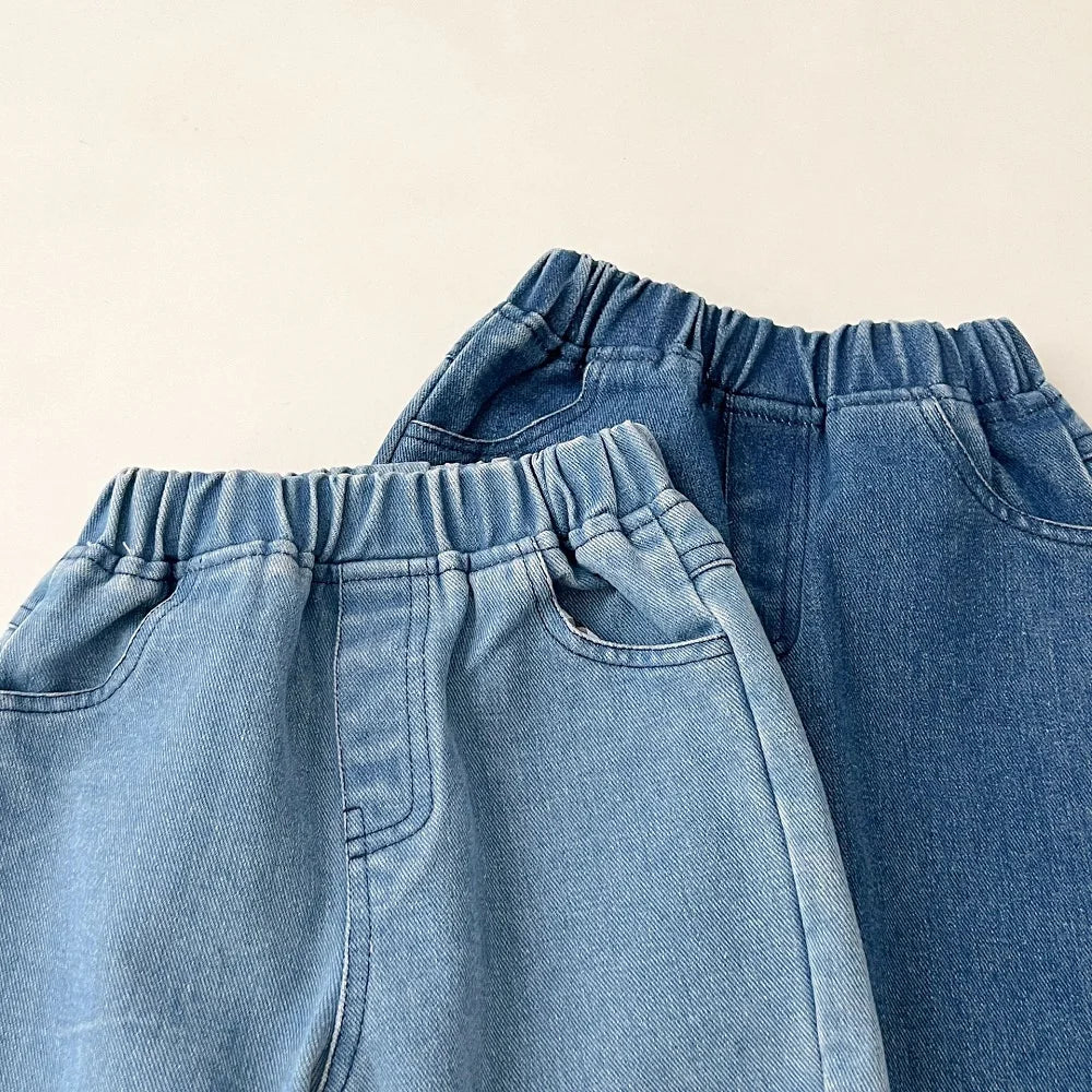 Baby clothes 2025 new children's solid color long sleeved denim set, boys and girls cardigan long pants casual sports two-piece