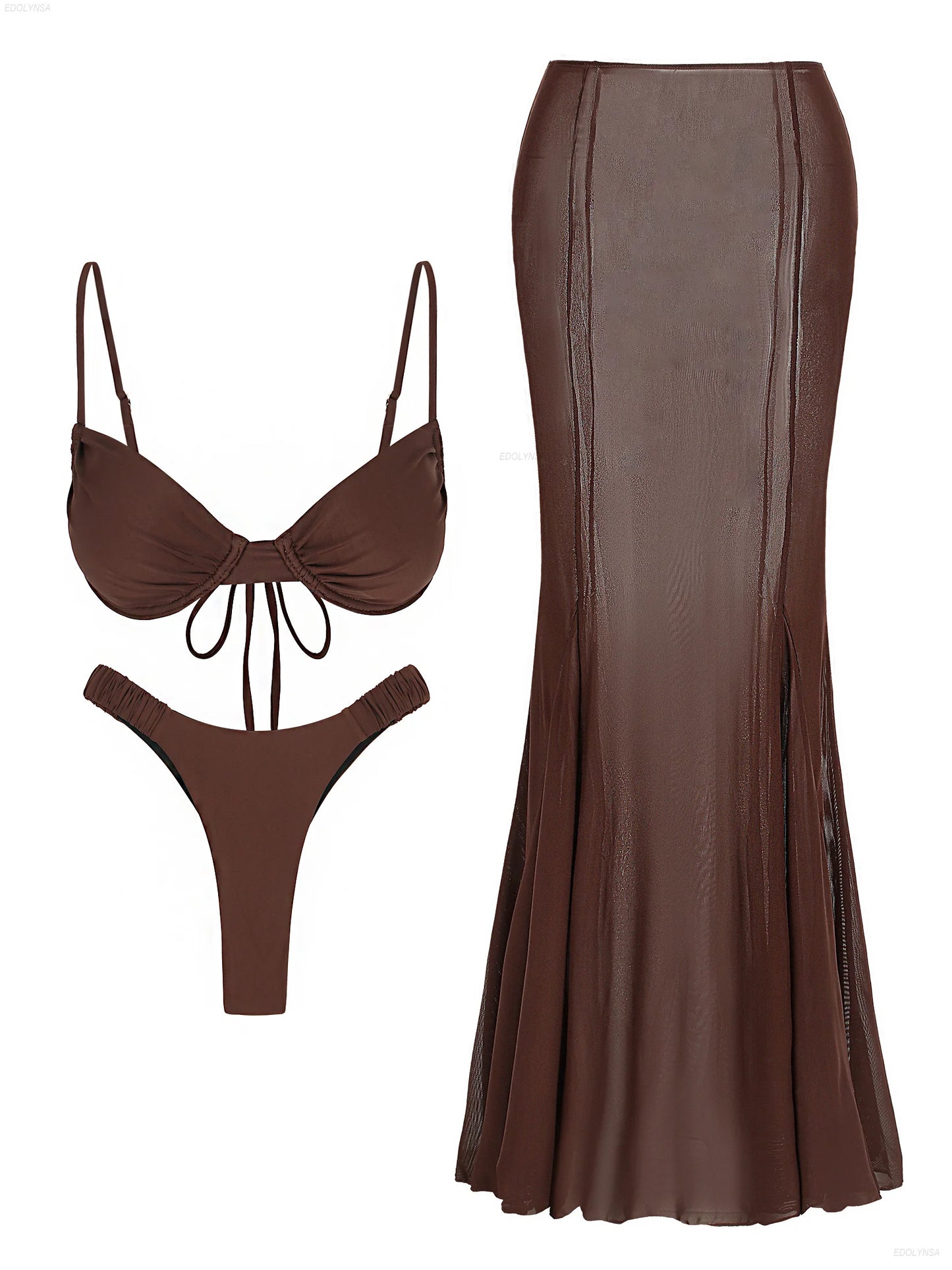 Ruched Bathing Suit with Coverup Skirt Chic 3 Piece Bikini Set 2025 New Beachwear Push Up Swimsuit Nightclub Party Dress K268