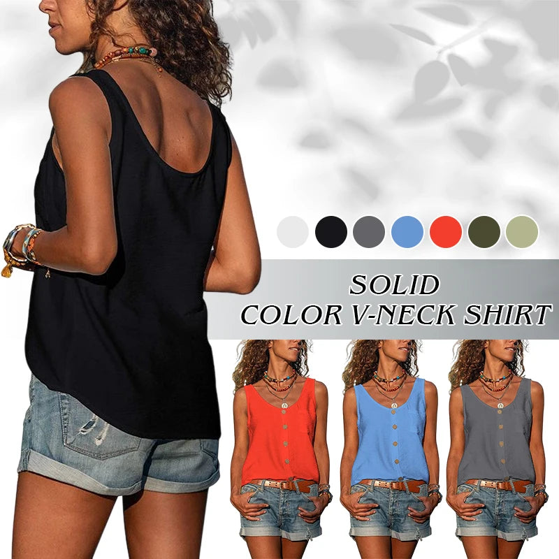 Women Summer Loose Vest Tops Buttons Chiffon Blouse Holiday T Shirt Casual Cami Tank Top Sleeveless Base V-neck Camisoles