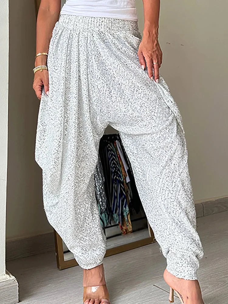 Full Sequined Patchwork Women Solid Pants 2024 Spring Summer Female Casual Pants Loose Fit All Match Lady Elastic Waist Bloomers